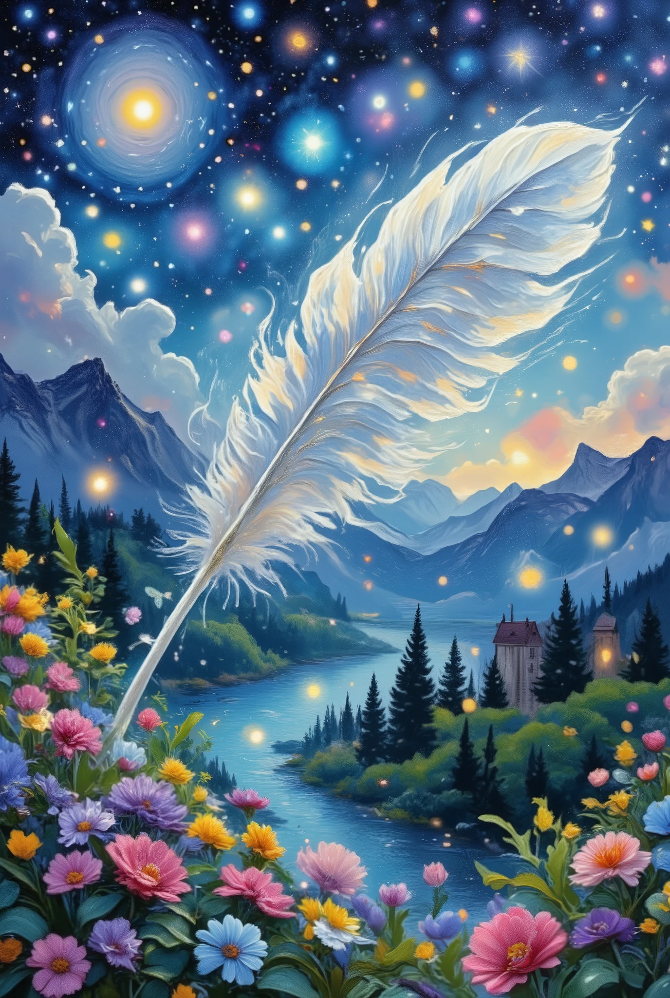 ultra detailed, absolutely resolution, masterpiece, a floating feather, fairytale fantasy wonderland worldview, various iridescent foggy glitter effects