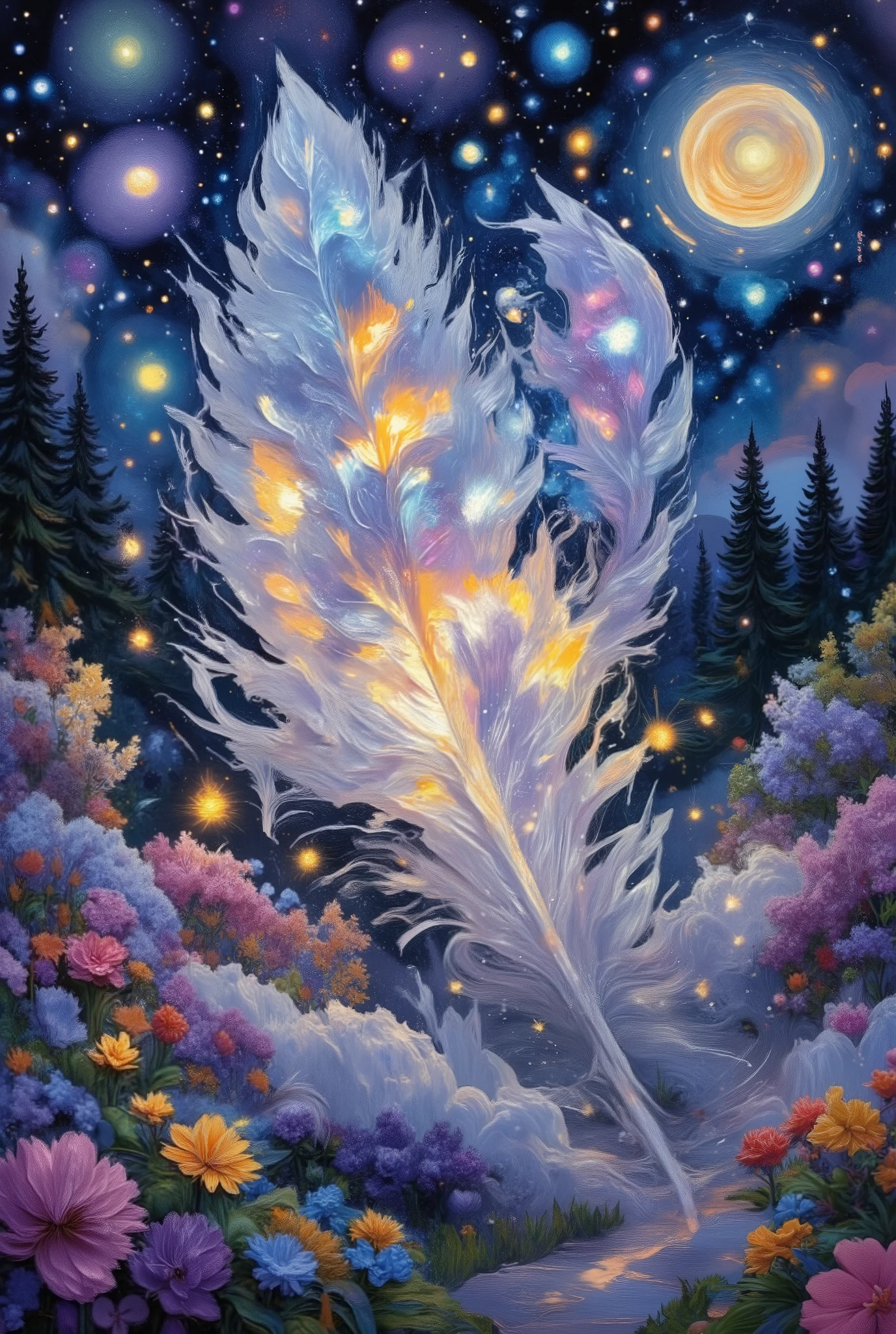 ultra detailed, absolutely resolution, masterpiece, a floating feather, fairytale fantasy wonderland worldview, various iridescent foggy glitter effects