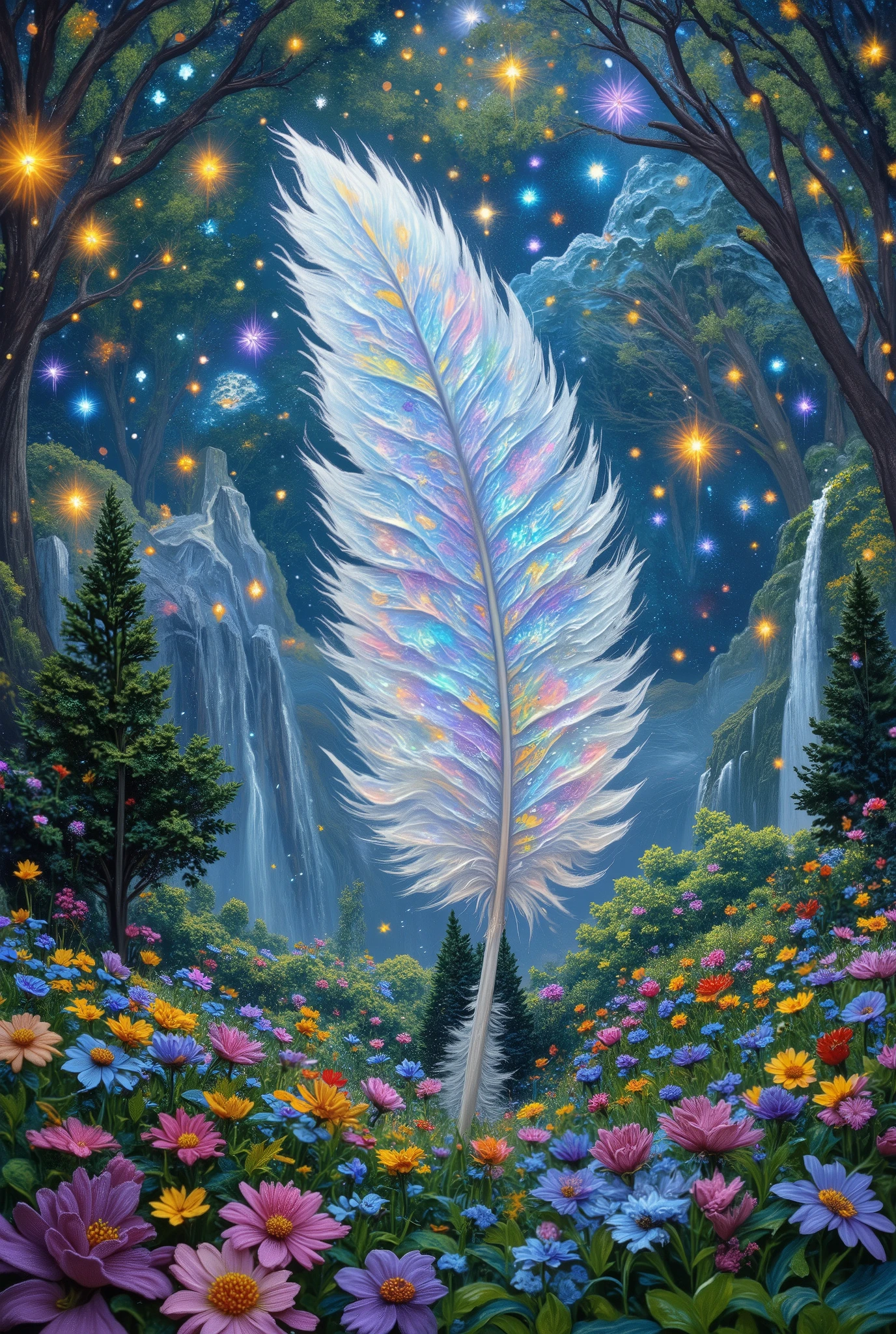 ultra detailed, absolutely resolution, masterpiece, a floating feather, fairytale fantasy wonderland worldview, various iridescent foggy glitter effects
