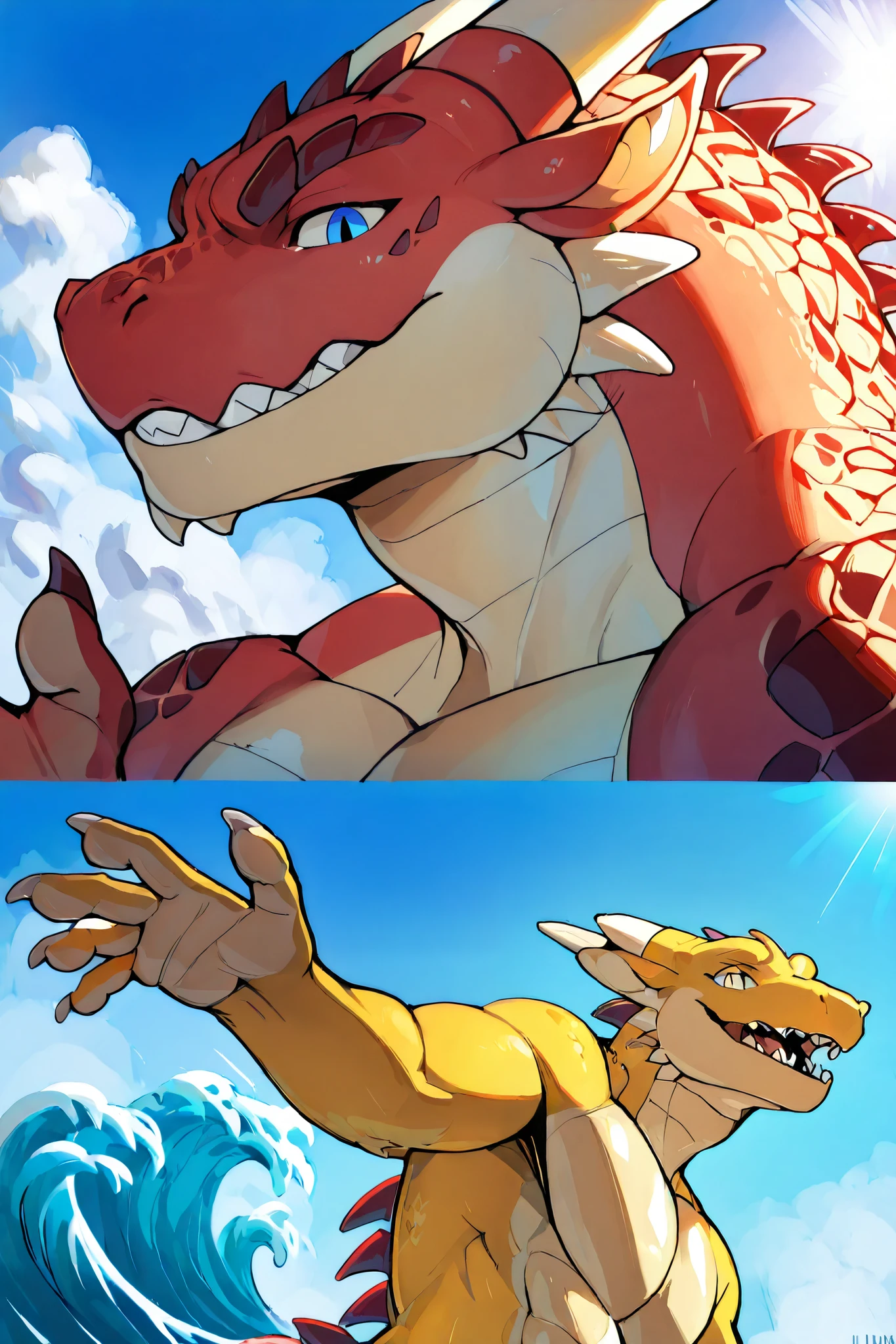 blue eye, back skin red, front skin yellow, white horns, male, dragon, beach background
