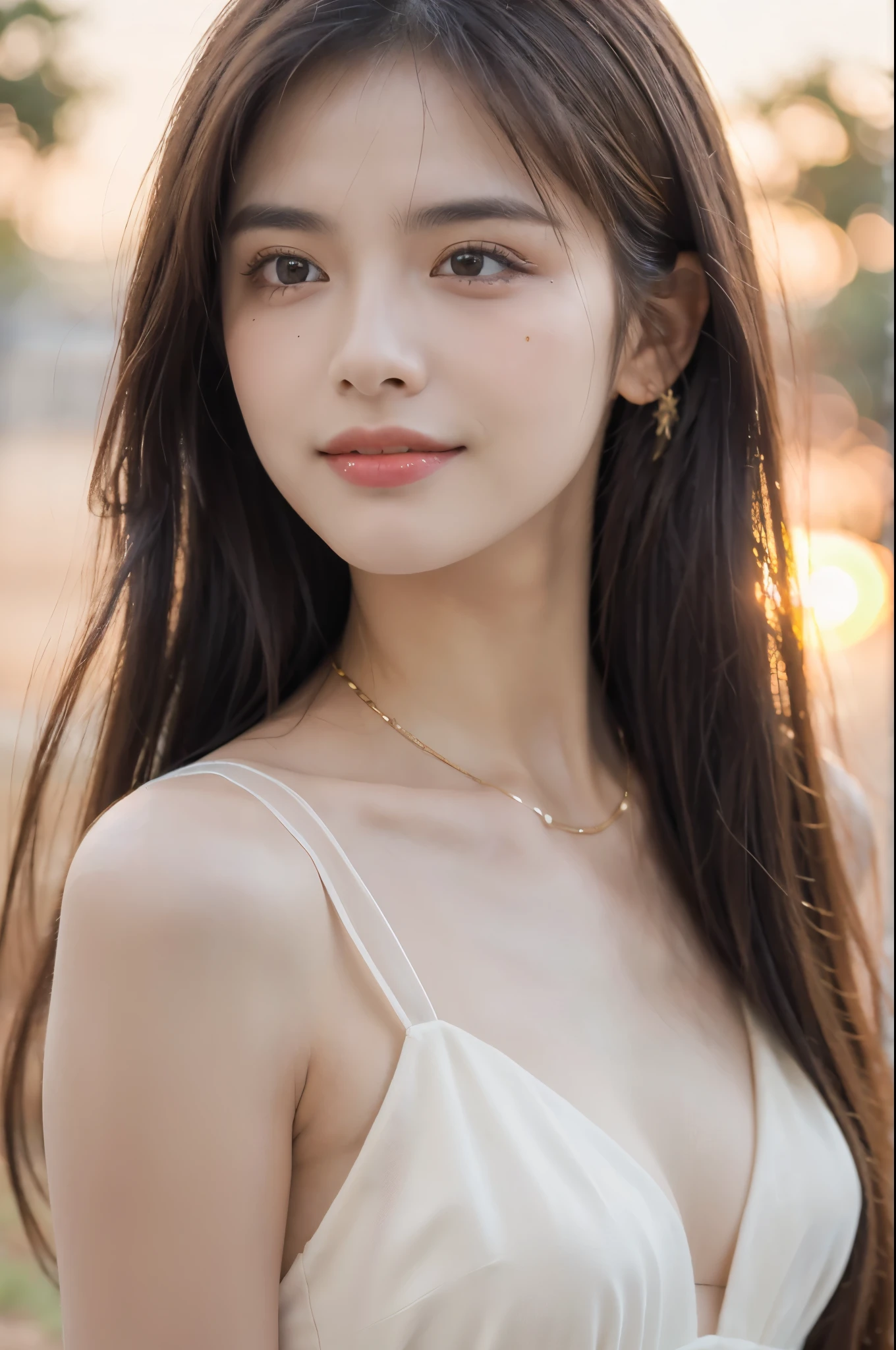 (masutepiece:1. 2), (Realistic:1. 4), (post processed:1. 3), (Sharp Focus:1. 3), 8K, mid-body shot (85mm Photo) , femele, Portrait, plein air, Empire Waist Dress, Bokeh, Wavy Hair , (Highly detailed body, Highly detailed face, Highly detailed eye, Best Quality:1. 2)