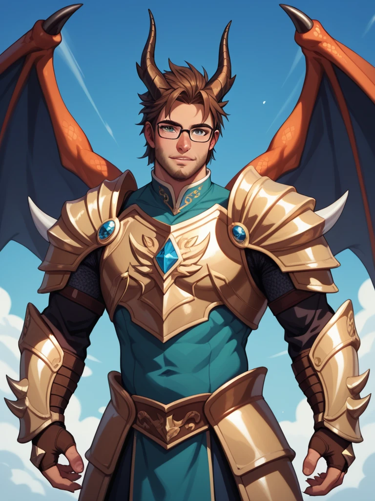"A male character with glasses, holding a book in one hand while wearing a uniquely designed dragon-themed knight armor. The armor is intricately detailed with dragon motifs, featuring sharp, overlapping scales, clawed gauntlets, and an ornate chest plate resembling a dragon's head. His muscular abdomen is exposed, showcasing his toned physique beneath the armor. He has curved horns protruding from his head, adding to his mystical presence, and small dragon-like wings extend from his back. His expression is calm and intellectual, exuding wisdom and strength. The illustration is in anime 2D style with clean, simple manga-style linework, ensuring a bold yet accessible aesthetic