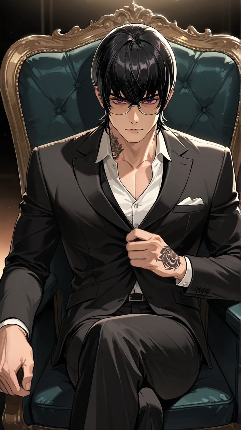 Create an image showing a man, with masculine and subtly robust features, an adult face and a serious expression, dressed in a black suit, with black hair and dark grey eyes, the man looking young but robust, and he is in a luxurious and individual red velvet sofa, the entire image is anime style. The man has no facial or body hair, his suit is completely black, he has a carefree appearance and wears thin, stylish grey glasses. The man has a muscular and slightly robust physique, his jaw is toned and his face is handsome, and he is also physically attractive. The atmosphere of the image is warm and dark, but at the same time slightly illuminated from the top. 