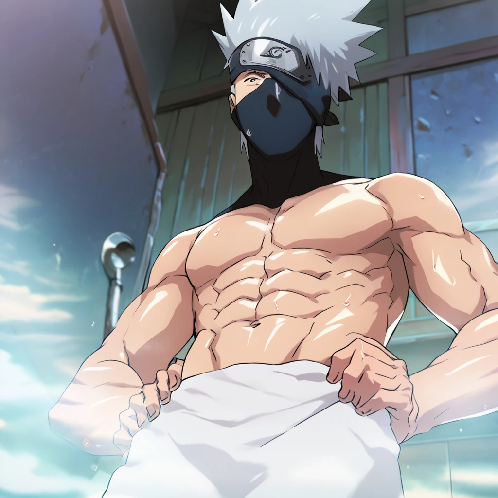 masterpiece, best quality, amazing quality, 1boy, athletic male, shirtless, shiny, skin, heavy breathing, shower, serious, anime, wet body, upper body focus, towel around waist, hands on waist, from below, facing viewer, kakashihatake, character, grey hair, mask, eye scar