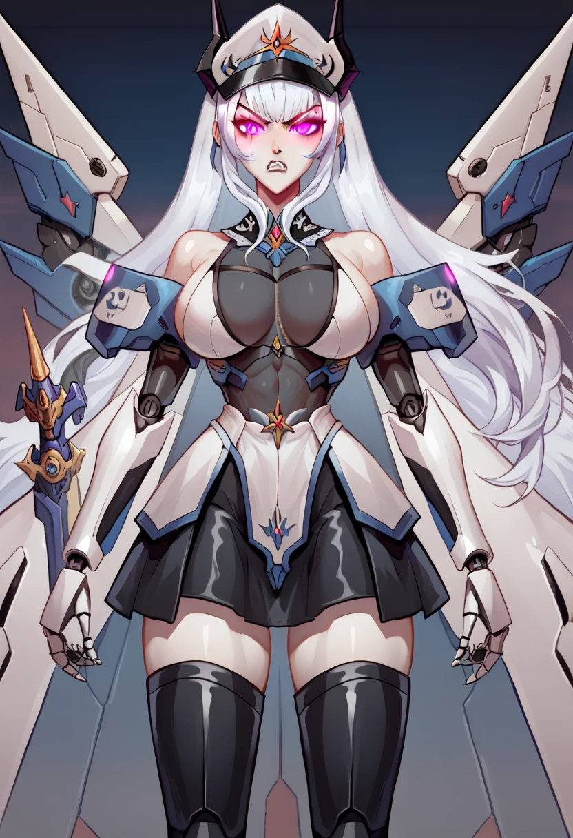 Highest image quality,high high quality,A mature woman,age 22,Huge cleavage,Nipple presentation,Raised nipples,Metal heels,Black metal mech,Long white hair,hair covering one eye,ssmile,high ponytails,In the stars,Obscenity exposed