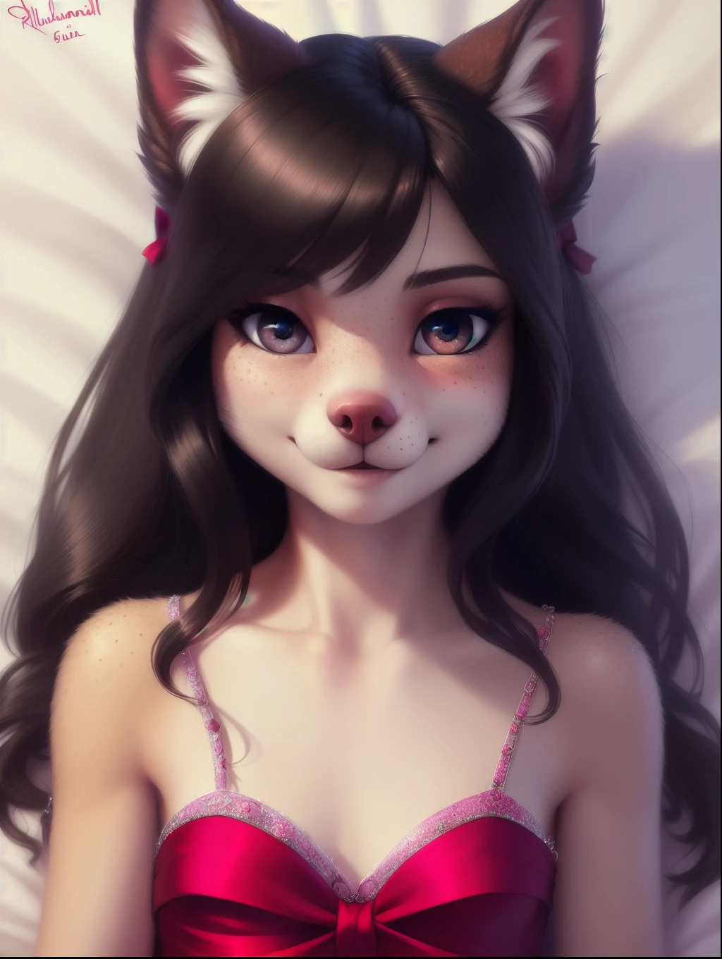 (source_e621), A beautiful and detailed (sweet portrait), ((domestic dog)), Schlank, Small breasts, Hochgeladen E621, detailed flauschige fur, (von Fluff-Kevlar, Bayard Wu, personalami, Pino Daeni), 1girl, Allein, very cute off shoulder shirt, skirt, mischievous look, adorable, full body, facing viewer, on bed, missionary position, spread legs , pussy, 1girl, realistic, ultra sharp image, view from above, (solo), first person view, cleavage, masterpiece, genital_fluids, lying on her back,