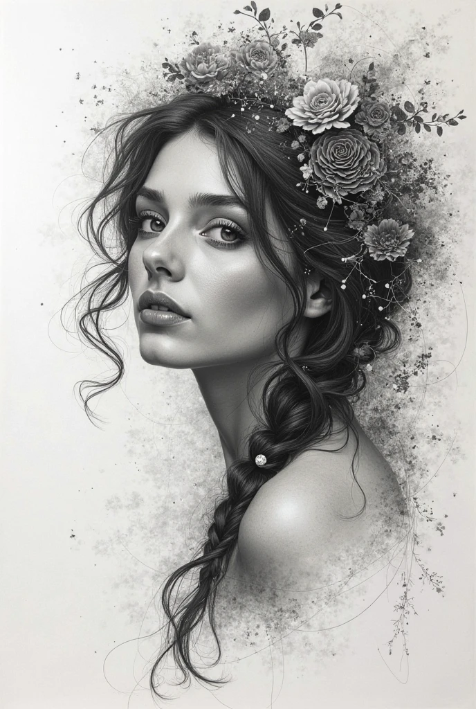 A delicate, graphite nude drawing showing the whole body of a naked babarian girl, dressed in babaric jewlery and accessories and babaric tattoos, her features rendered in subtle shading and precise lines. The framing is tight, focusing attention on the subject's serene face. Soft, feathery strokes convey the gentle texture of her hair, while the delicate curve of her neck is emphasized by the pencil's softness. The overall mood is contemplative, as if the woman is lost in thought.