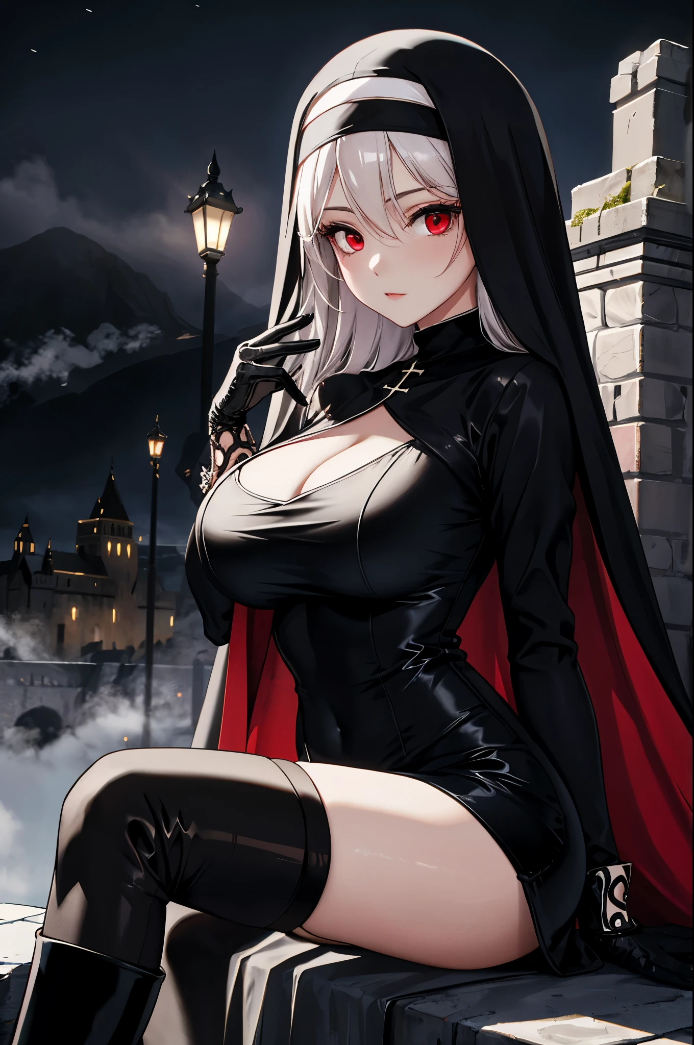 (Highy detailed), woman, standing alone, smug, (eyes red:1.1), (glare eyes), chic, mesmerizing, (full dressed),  (black gloves:1.1), (storied belt:1.1), (trench coat), (torn garments:1.2), capelet, (gauntlets:1.1), arms at side, Vambraces, capelet preto, tricorn, hat,  hunterxhunter, (blood stains:1.1), ultra-detail, (high res), best quality, (master part), cinematic lighting, (rosto e olhos), (highy detaileds), (detailed face and eyes:1.2), (perfect anatomy), (round breasts), (bubble butt), (wide hips:1.1), (slim waist:1.1), (thick thighs:1.1), (detailed background), (perfect nails:1.1), (detailed hand and finger:1.2), (medium breasts:1.2), (busty), (deep cleavage:1.2), (labia outline:1.3), (hard teat:1.3).