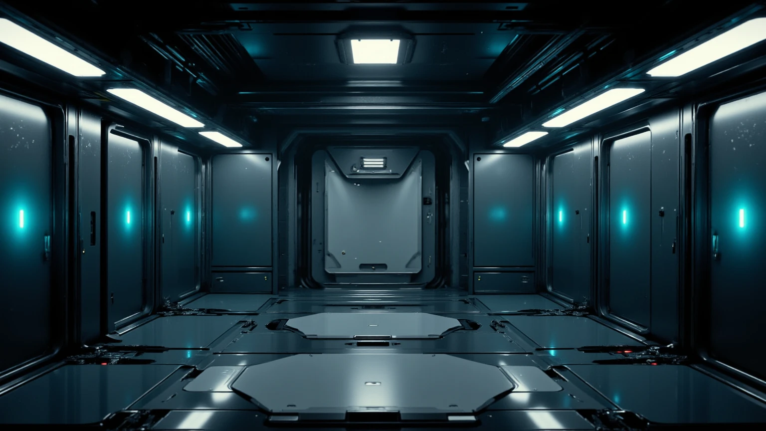 futuristic corridor scene in an advanced station with a good balance between the bottom and the sides. The metal walls reflect a soft lighting of light strips embedded in the ceiling And on the floor. The floor has a dark and metallic finish, with visible cables that structure the environment. On both sides of the corridor, there are five well-defined doors, with clear format and a number, and pulsating azuid LEDs.  At the end of the corridor , a large reinforced door is distant, but still visible and imposing, with proportions that adjust to the distance, without overwhelming the space and leaving the side doors in evidence.