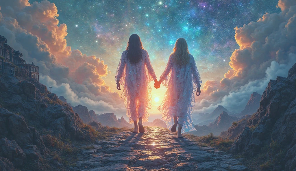 Design an awe-inspiring cover image that depicts a celestial world, often referred to as the "sky of the soul." In this ethereal landscape, two souls walk hand in hand along a rugged and complex path, symbolizing their deep connection and love for one another. They are adorned in shimmering, crystalline garments that reflect light in a spectrum of colors, enhancing their otherworldly presence.

In the foreground, the path diverges into two distinct routes: one leading to a beautifully illuminated house that represents safety, warmth, and the promise of a shared future, while the other descends into a dark, foreboding abyss, symbolizing fear, uncertainty, and the unknown. The background features a breathtaking celestial sky filled with swirling galaxies, radiant stars, and soft clouds, creating a sense of infinite possibility and wonder.

The composition should be dynamic, with a strong focus on the two souls at the center, their expressions conveying love and determination. The lighting should be dramatic, with highlights and shadows that enhance the textures of their garments and the surrounding landscape. The overall atmosphere should evoke a sense of hope and introspection, inviting viewers to reflect on their own journeys and choices.

The final image should be ultra-detailed, rendered in 8K resolution, with a cinematic quality that captures the viewer's attention. The format should be 16:9 widescreen, making it ideal for a video cover or poster. The design should seamlessly blend elements of contemporary digital art with classical influences, creating a timeless piece that resonates with audiences on multiple levels.