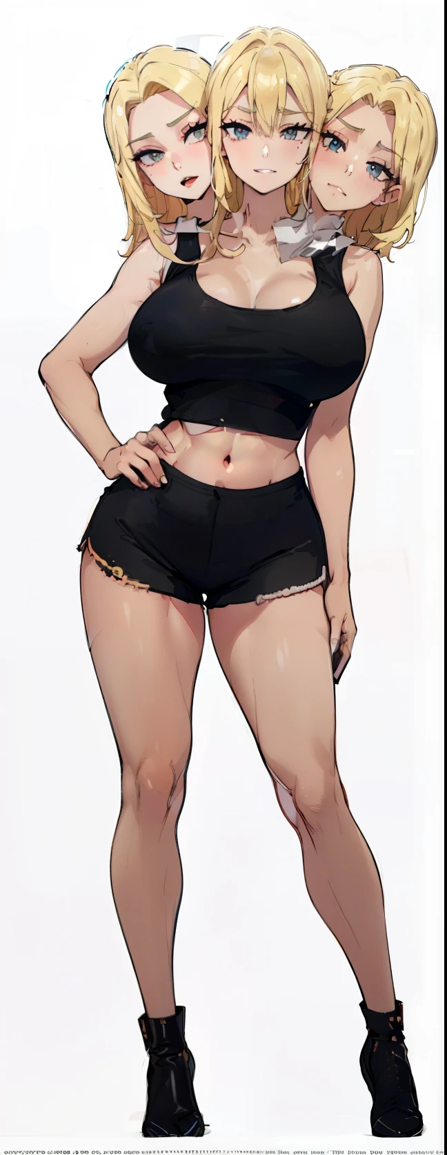A beautiful woman with a sharp face is standing with her eyes slightly open, wearing a black navel-baring tube top and black hot pants that look like panties, with her hands on her hips.。