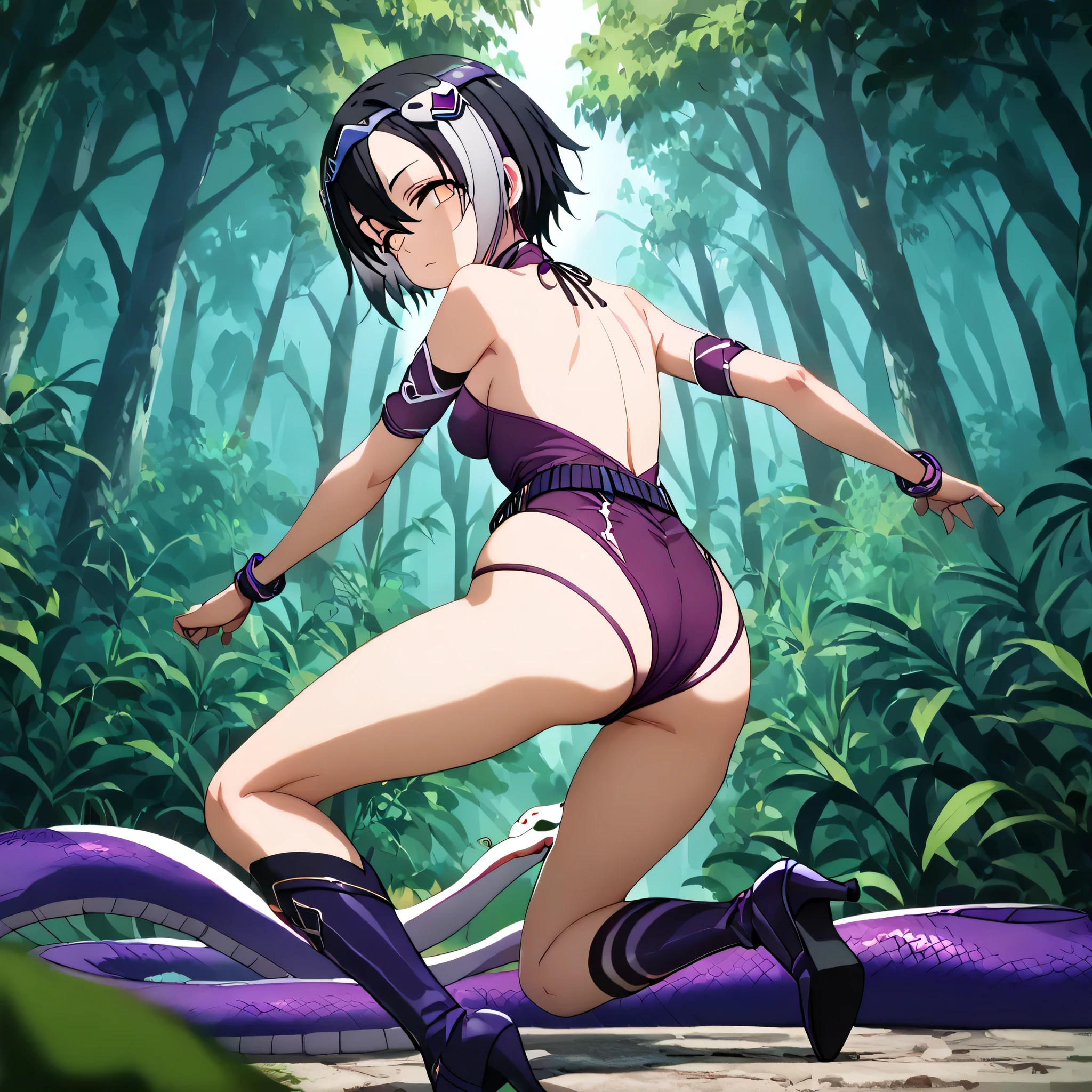 1girl, alone, yuzuriha (jigokuraku), best quality, masterpiece, ultra detailed, sharp lighting, super detailed eyes, soft and smooth skin, light skin, Looking at viewer, (leaning over: 1.2), purple hair, brown eyes, ninja, open clothing, cleavage, medium breasts, medium waist, wide hips, wide thighs, bun, medium hair, separated breasts, seductive smile, (blush: 1.1), sexy body, dynamic posture, curvy body, looking back, from back, focus on ass, pov (from below), standing, ancient japanese forest, japanese exterior, temple, sengoku period city, city (NSFW 1.5), perfect anatomy,5 fingers on the palm, perfect hands,