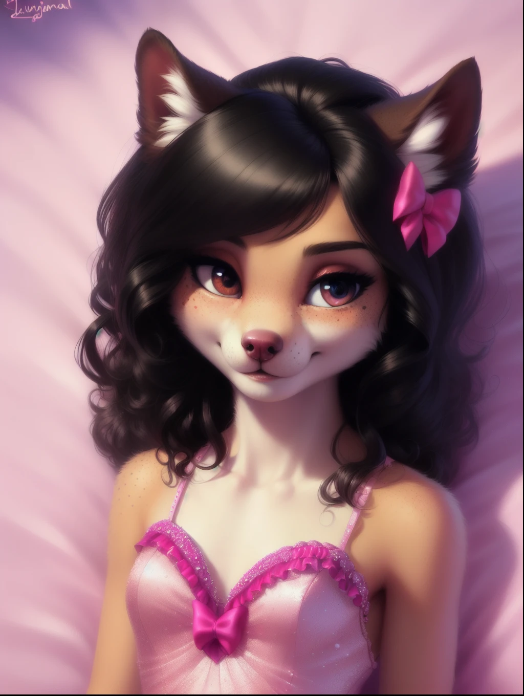 monotone fur, (white fur:1.1), very short chibi digitigrade female fennec, slim waist slender figure, short torso, skinny, (thigh gap), beautiful detailed (vivid aqua eyes), [:bright green eyes:20], whiskers, blep, long eyelashes, blushing, BREAK (very long black hair), (messy hair:1.2), (curly hair:1.1), BREAK (tan sweater), unbuttoned clothing, BREAK (frilly clothing, lace), ((pink bra, pink panties):1.2), (hot pink collar), (hot pink ribbon:1.1), (hair ribbon), hot pink eyeshadow, BREAK silver hoop ear rings, BREAK (black thigh highs, toeless stockings, lace), BREAK (fluffy tail), (pregnant:0.5), naval, glistening fur, BREAK laying on back, looking up at viewer, spread legs, BREAK on stage in the spotlight, black background, high angle view, BREAK [by dryadex, by syuro::12], [by v-tal:by himeragoldtail:18], (by trigaroo:1.22), (by toots, by syn-6), by enginetrap, (by fuel /artist/), (by funkybun:0.5), (whisperfoot:0.6), (by kenket:0.8), translucency