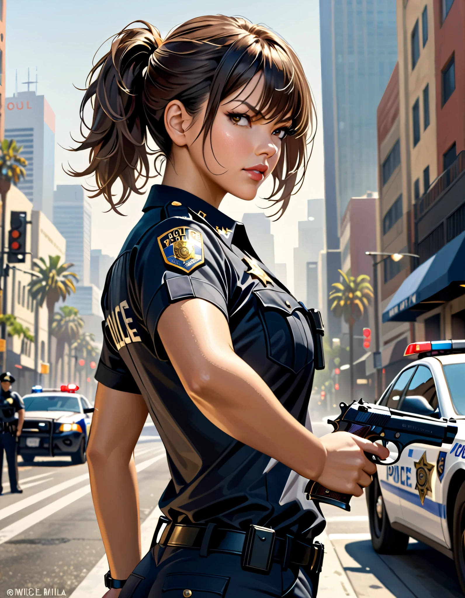 (​masterpiece), (top-quality), sunset, natural lights, ,(realistic:1.5), Adriana Lima as a Stunningly beautiful policewoman, blue police uniform, black wrapped short, skirtlong, dark_brown hairtanned, tattoos, wearing an unbuttoned police uniform, cleavage, sexy, sensual, hazel eyes, smiling, sexy pose, athletic, looking at viewer, eye contact, stunningly beautiful 20 years old polcewoman, modern day metropolis, night time, neon lights, evening, patrol, policecar in background, dynamic pose, action pose, detailed modern day city in background, alluring, seductive_pose, natural lights, cleavage, athletic body, medium breasts, upper body, mid shot, masterpiece, detailed, mature, bright colors, high saturation, stunningly beautiful girl, precise hands, determined expression, serious, courageous, brave, Clear eyes, Shining eyes,, ultra-definition, Top resolution,  soft lightning
