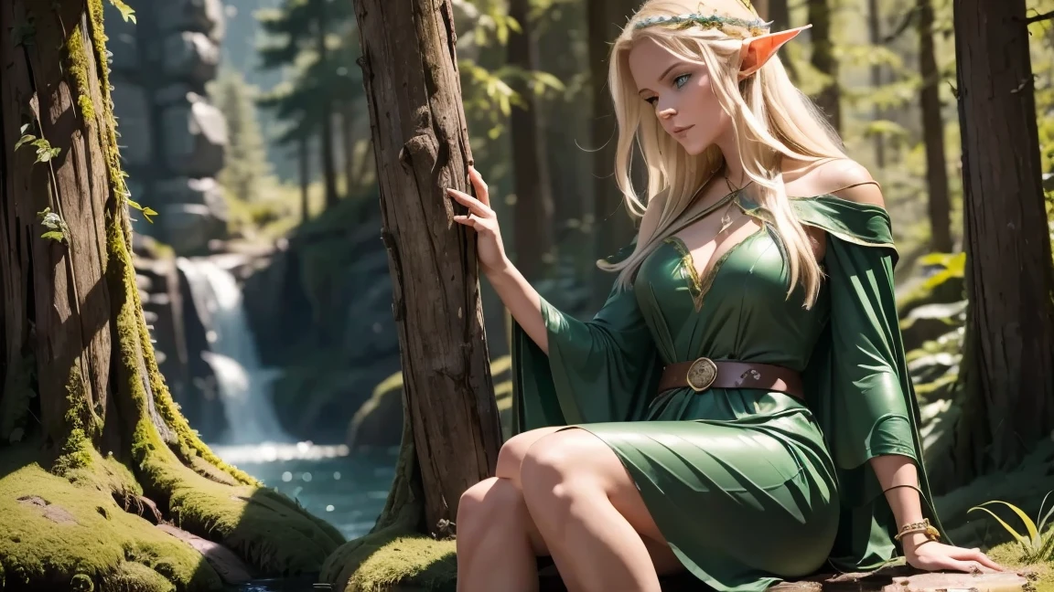 Female elf, 20, slender, elf ears, wears green, nature-themed outfit, thigh-high stockings, long blonde hair, sitting on a tree branch in a magical forest, surrounded by glowing plants and creatures, serene, fantasy atmosphere. 3D render, photorealistic.