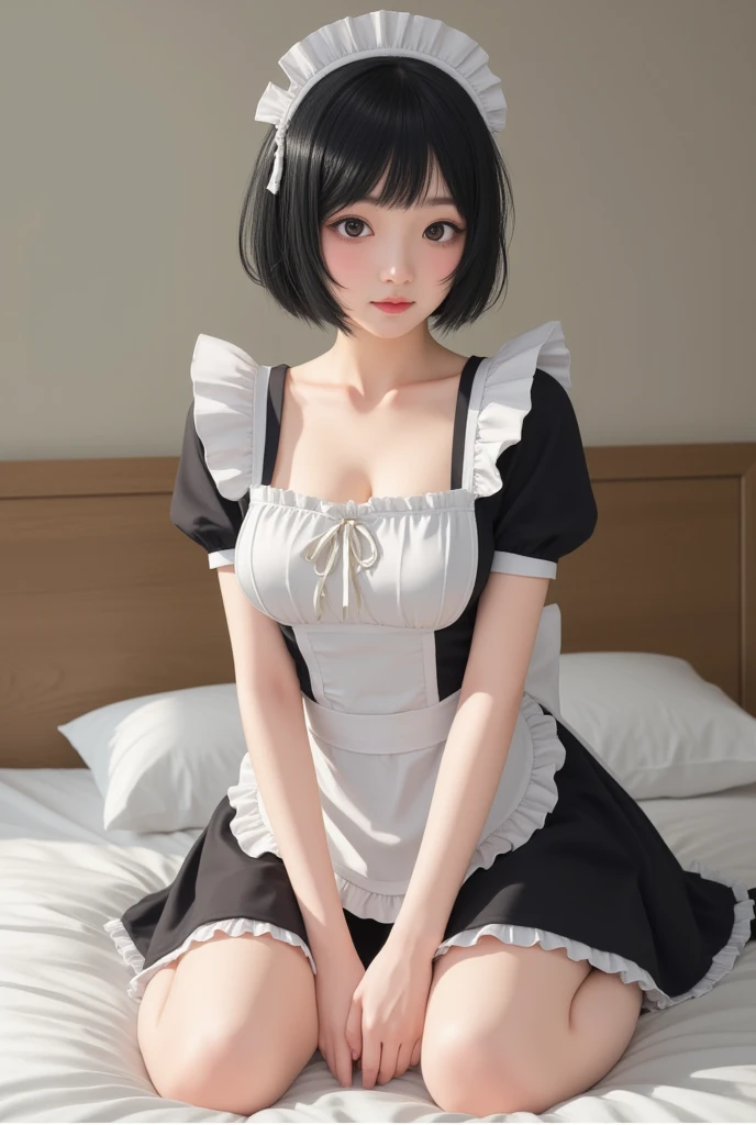 Highest quality, masterpiece, look up, cute,(((Beautiful maid girl))),((Small breasts)),Baby Face,(Maid clothes),Black Hair,Bobcut,Beautiful Style,((Pale skin)),Sensual look,Embarrassed,Sexy expression,Expressions of delight