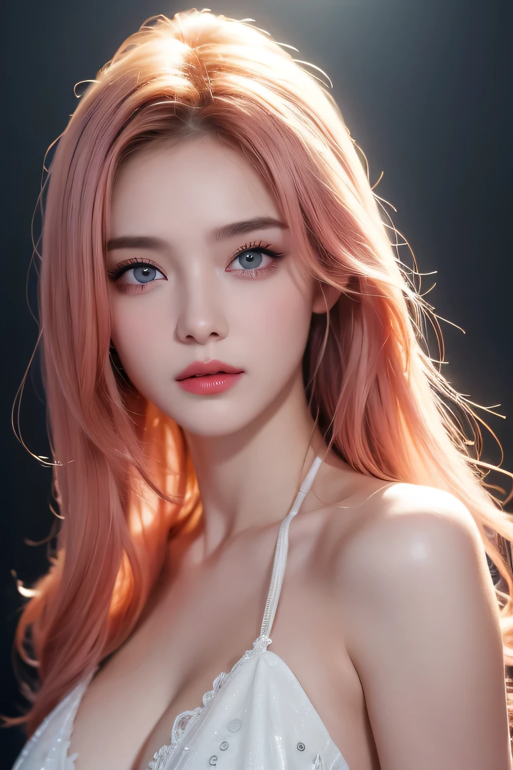best quality, ultra high res, (photorealistic:1.4), (detailed beautiful girl:1.4), (medium breasts:0.8), looking_at_viewer, Detailed facial details, beautiful detailed eyes,pink hair, blue eyes, slender, haunting smile, (makeup:0.3), red lips, highly detailed clothes, (ulzzang-6500-v1.1:0.3)