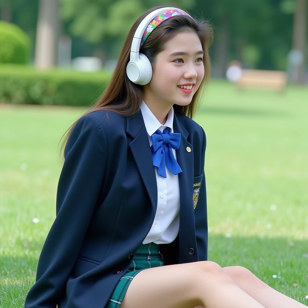 High school girl listening to music。