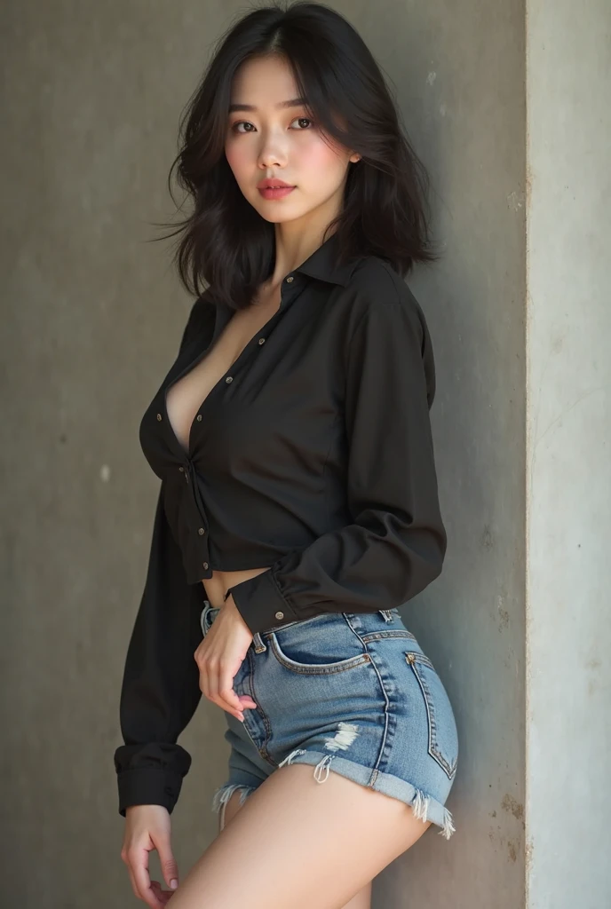 Black hair bob, (8k, RAW photo, photorealistic: 1.25), (very much lip gloss, many eyelashes, highest quality, ultra high resolution, depth of field, chromatic aberration, caustics, wide light, natural color, Japanese , Female in her 30s) Staring at the viewer, necklace, bracelet, choker, full body, big breasts, mole on chest, bare legs, see-through blouse