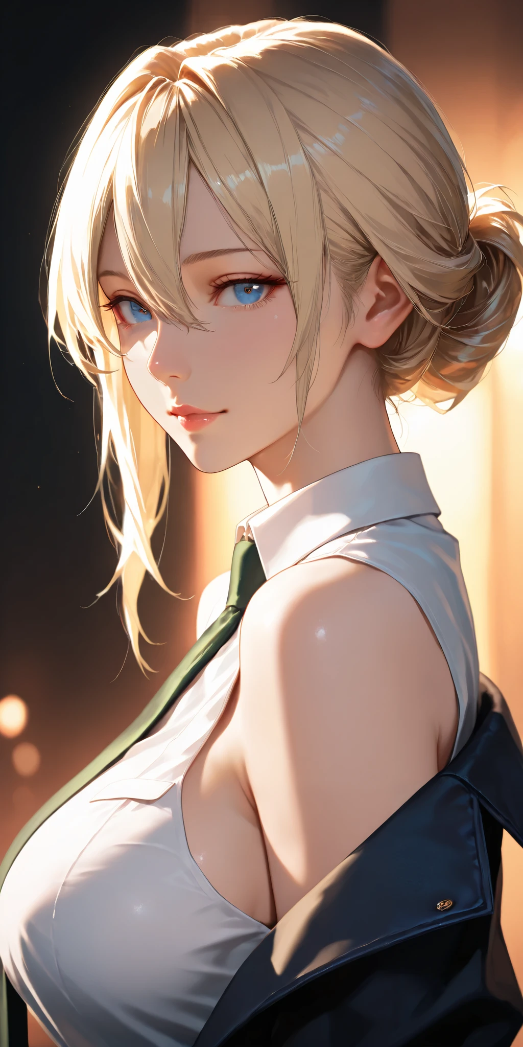 Masterpiece, very aesthetic, vibrant, high contrast, high resolution, ultra detailed, elegant mature woman, milf, curvaceous, blonde hair, hair between eyes, swept hair, updo hair, blue eyes, upper body, tie, sleeveless collared shirt, off shoulder jacket, side boobs, looking at viewer, dynamic lighting, best quality, semrealistic, newest