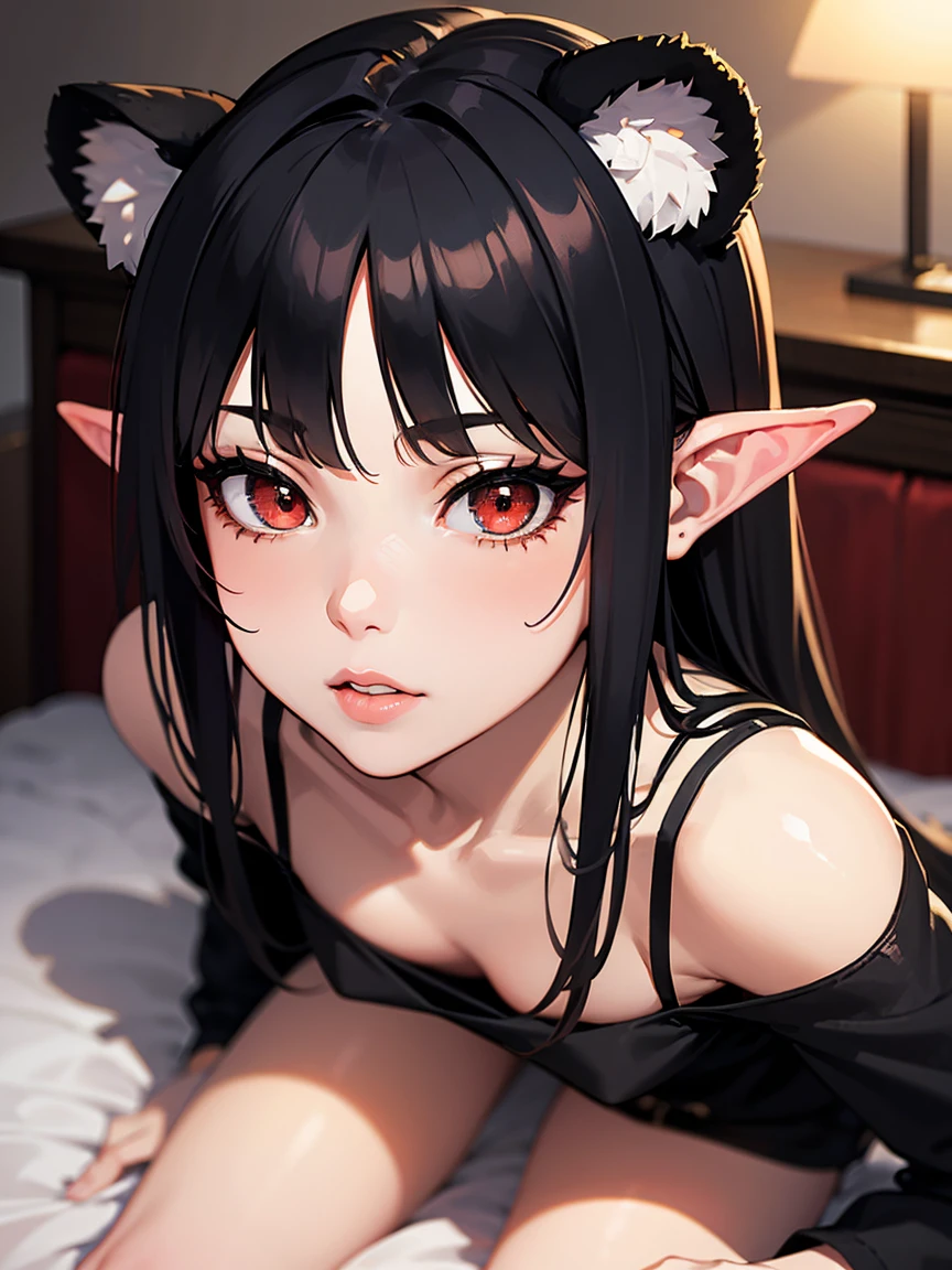 black hair anime girl, and red eyes, wearing a red bow, Close-up photo of a young woman, Inspiration from Grandpa Hua, Avatar, tight chinese dress, Inspiration from Li Meishu, ta, Inspiration from Julian, Elf girl, 4k, Highest quality, Look straight., big breasts