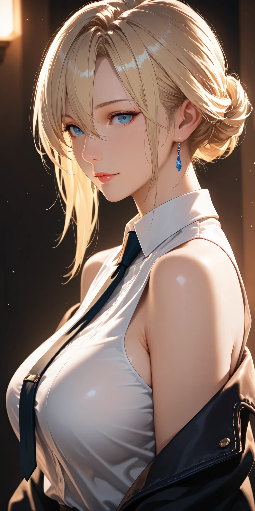 Masterpiece, very aesthetic, vibrant, high contrast, high resolution, ultra detailed, elegant mature woman, milf, curvaceous, blonde hair, hair between eyes, swept hair, updo hair, blue eyes, upper body, tie, sleeveless collared shirt, off shoulder jacket, side boobs, looking at viewer, dynamic lighting, best quality, semrealistic, newest, final fantasy cg style