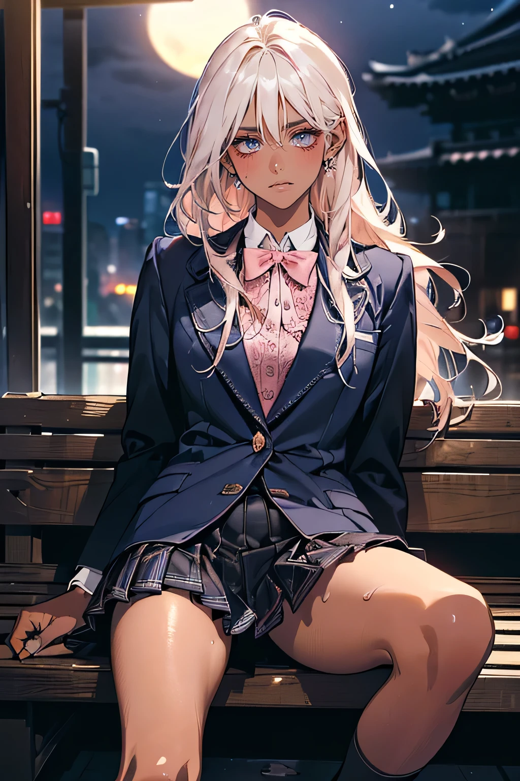 ((Perfect Anatomy:1.2,Realistic:1.3,Raw photo:1.3,masterpiece、highest quality、Ultra - High resolution、High resolution、Extremely detailed CG、8k)),Cowboy Shot．　　　　　　　　　　　　　　　　　　　　　　　　　　　　　　　　　1 female,alone,18-year-old、high school girl，beautiful girl,Japanese,((Beautiful and exquisite face and eyes:1.2,Big beautiful eyes:1.3,)),Blonde,Long Hair,(Center parted hair:1.4,amount),Small Head:1.3,(Provocative smile)，slender,((Dark brown skin:1.4)),(Oily skin,Glowing Skin,Shiny skin,(school uniform、Dark blue blazer jacket、Checkered pleated mini skirt，white long slouchy socks，Black Loafers),(Show your audience white panties)，((Sit with your right knee upright)).                                                                                                                              The background is a dirty back alley、At night、Tokyo.