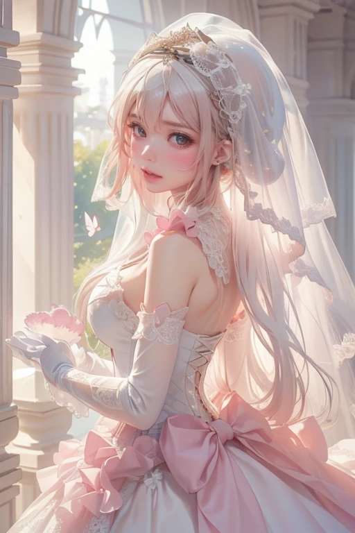 Super delicate cute girl in a Lolita dress with pink hair. 8K Ultra High Definition, Delicate texture, Pure white background.