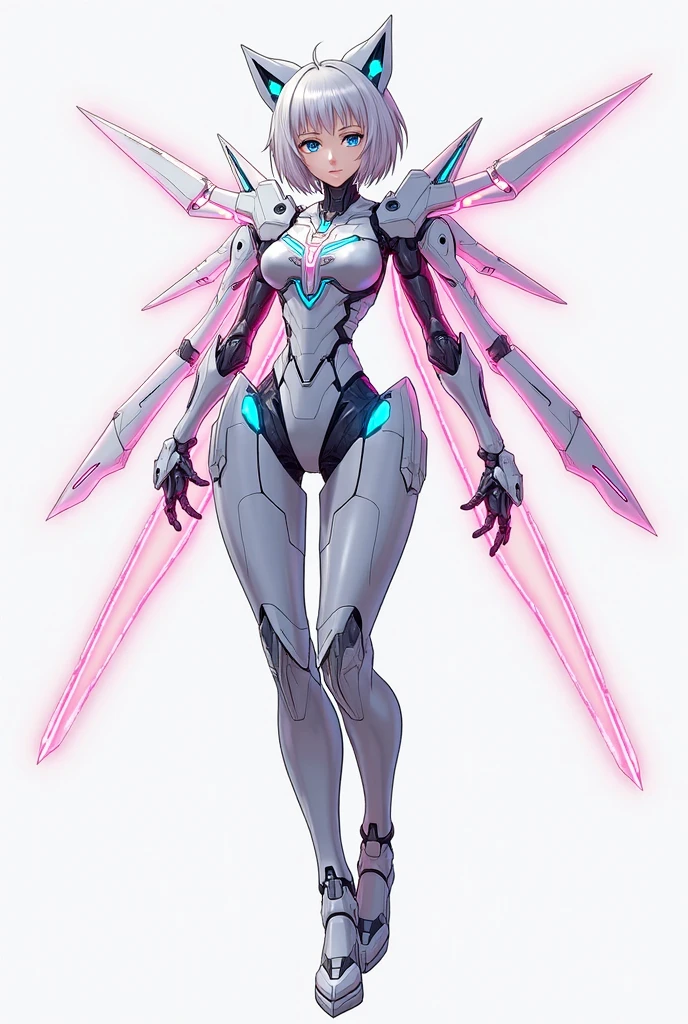 Anime characters with white hair and wings in white costume, white cat girl, Fira white mech, ghost style in shell, ghost art style in shell, popular in ArtStation Pixiv, 2 B, 2B, cyborg - silver girl, zero zen art, digital art in pixiv, pixiv 3dcg, mecha, mechanical, cyborg