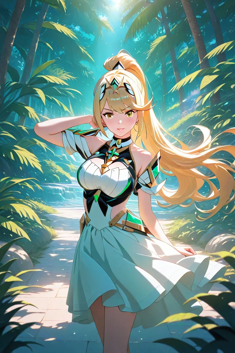 Beautiful light-skinned Asian mature older woman that is slim yet curvaceous fame and average height with big breast, and long straight black hair reaching mid-back shirt short square bangs, and large black eyes, wearing, Blue bikini, pink gloves and boots, green cape and pink helmet