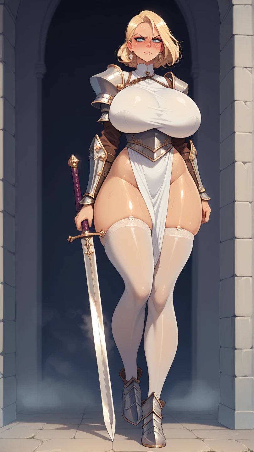 Beautiful princess, naked, big, round, perky breasts, thin waist, ripped belly, thick legs, big ass, medium-sized sword wielding, short orange hair, well-detailed face, vivid colors, dramatic colors, vaporwave