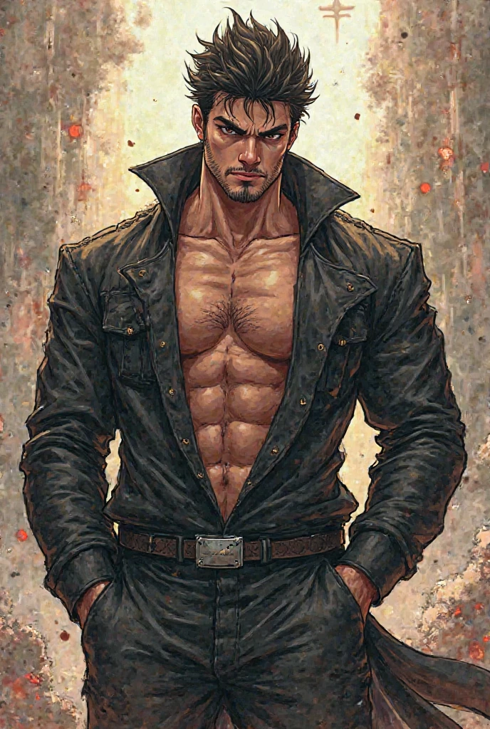 Illustration in Leyendecker style: full-length drawing shirtless Sean Strong - 29, 6'1", 205 lbs, cos, similar to Henry Cavill, but a face like Tom Hardy for inspiration, beutiful, but not model material, Dark Brown Hair, Almost black pool of eyes, Constant five-hour shadow, pouty lips, marine, MARSOC Artillery Sergeant, Head of the Operations Department of Divisions, wounded while escorting Iraqi security forces in north-central Iraq. Three GSWs (Cannon Gunshot wounds) Shattered middle of the left thigh, Shattered right clavicle, and the bullet touched the jawline on the right side of his face and tore off his right earlobe. At Pacific High School, San Bernardino, California, He had an A 3.7 GPA and was a quarterback on the football team. San Diego State University, He specialized in linguistics. He is fluent in Spanish, Arabian (Accent in Mesopotamian), and Gaeilge (Not offered at school, I studied it on my own) In honor of his ancestry. Played football for the San Diego State Aztecs for four years. After that, How he got his
