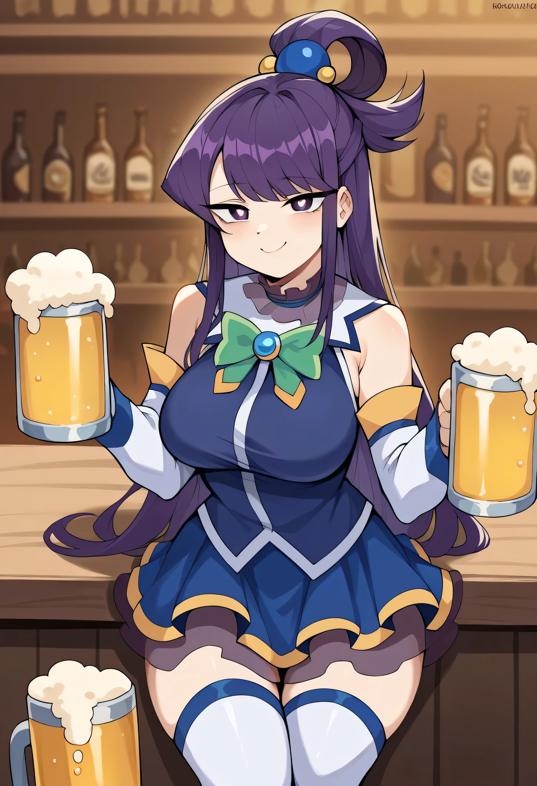 score_9, score_8_up, score_7_up, source_anime, Komi Shouko, long hair, bangs, purple eyes, purple hair, sidelocks, blunt bangs, bright pupils, half updo, large breasts, aqua cosplay, aqua (konosuba) (cosplay), skirt, shirt, thighhighs, bare shoulders, detached sleeves, white thighhighs, blue skirt, blue shirt, green bow,, bar, beer, beer mug, thumbs up, smile, smug, holding beer mug,,