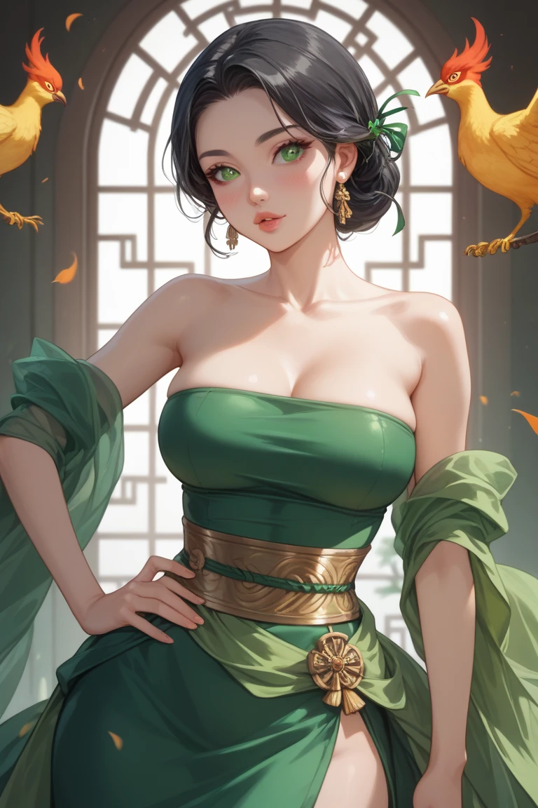 Amazing portrait of a sexy woman with a beautiful face and her hair tied in a bun wearing emerald jewellery emphasizing her beautiful face with grey eyes and fair skin and blushing intensely with her glossy lips parted wearing a dark green blouse and saree with gold patterns
