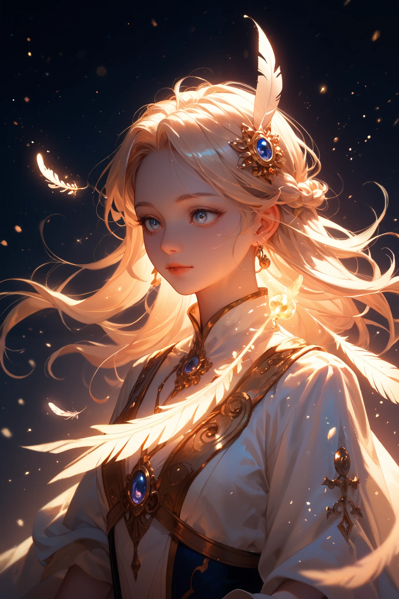 A single delicate feather floating gracefully in midair, glowing softly with a magical aura, surrounded by sparkling light particles, ethereal and dreamlike atmosphere, drifting on a gentle breeze, illuminated by a radiant mystical glow, soft pastel hues blending with shimmering golden light, enchanted and otherworldly aesthetic, soft-focus background with floating orbs of light, fantasy-inspired elegance