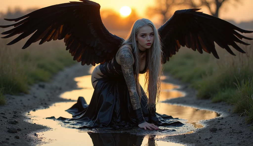 Ultra-sharp, ultra-detailed full-body photography Captures the essence of real life. (((evil fallen angel tattooed woman nudity, con enormes alas, vestido corto, gran y dulce sonrisa, pelo largo y rubio))) exudando un aura seductora pero rebelde, adornado con tatuajes y luciendo enormes alas de fuego. Una pose atractiva y provocativa.. La foto debe representar a la figura con un vestido corto de color violeta., pelo largo alborotado por el viento, Running and fleeing from an angry crowd through the burning streets of an apocalyptic city. Utilice un (((Teleobjetivo medio de 50 mm))) Lens to capture intense action and emotional turmoil amid chaos.. Emphasize natural lighting to highlight the challenge of the figure and the fire., Apocalyptic atmosphere.