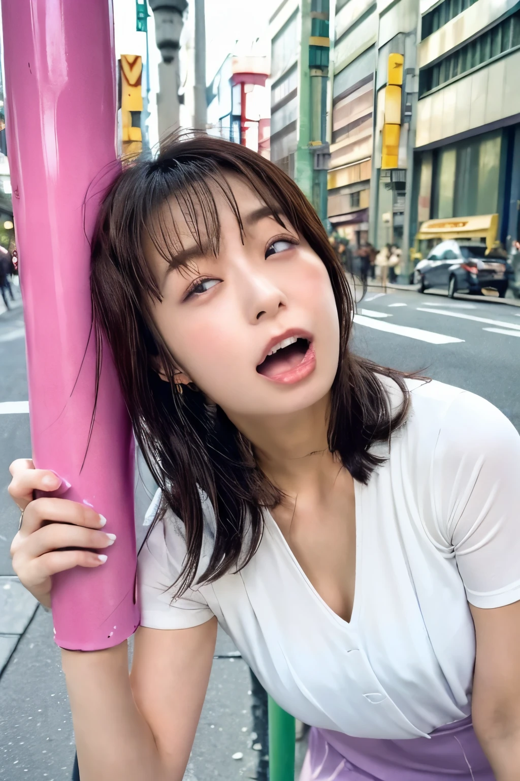 Close-up of face, (lean against a pole:1.5), ( top quality, masterpiece:1.2), highly detailed , high res, 8k Wallpaper, perfect dynamic composition, Eyes with Attention to Details , look up at the sky, summer trend fashion, open mouth, licking, gape mouth, She squints her eyes, (orgasm face:1.5), (Woman with open mouth and narrowed eyes, deep acme: 1.1), Surrounded by people, 20 years old, cute Japanese woman, sexy style ,in a busy city, Tokyo , camera sexy shot, summer fashion ,Summer clothes, see-through