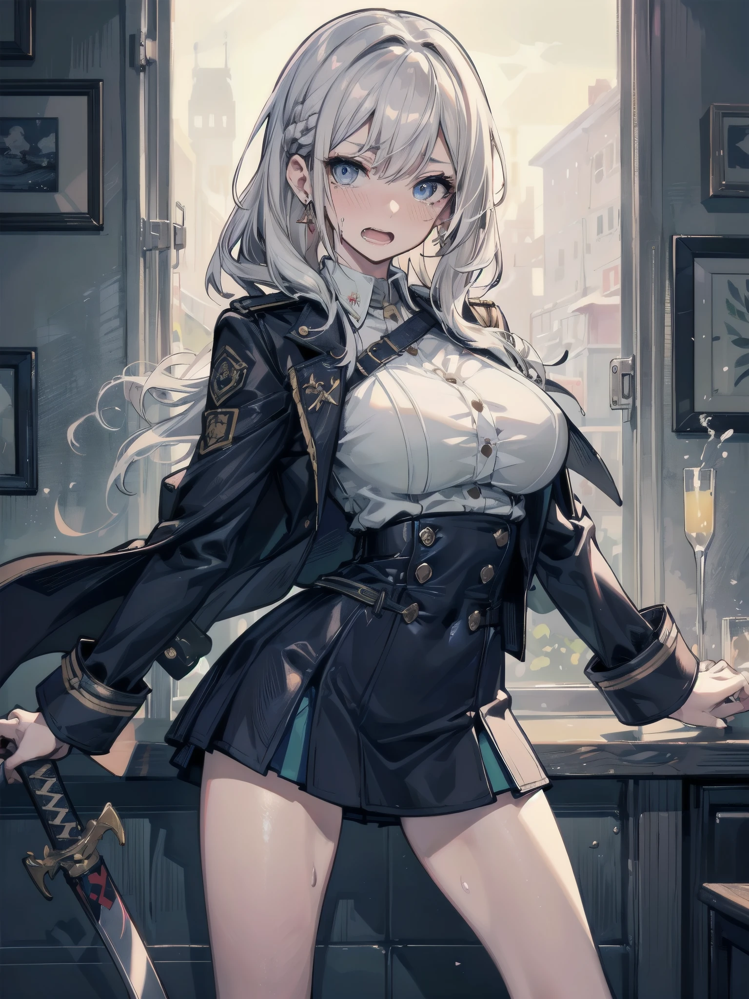 (masterpiece:1.2), (Military uniform magazine cover:1.4),best quality,PIXIV,Sweet girl , sexy posture,1girl, (perky chest:1.2), rolling upskirt by wind:1.6, (with sparkling eyes and a contagious smile),open mouth, (pointed chest:1.2),fishnets, black hair, boots, long hair, black nails, skirt, shirt, solo, black footwear, bag, black skirt, jewelry, jacket, on head, black jacket, thigh strap, bangs, necktie, earrings, nail polish, multicolored hair, looking at viewer, full body, bottle, own hands together, belt, jacket on shoulders, food, cats on head, black necktie, ring, choker, english text, collared shirt, blue eyes, platform boots, hat, lace-up boots ,masterpiece、highest quality、Very detailed、An illustration、Beautiful fine details、One Girl、cute、Detailed landscape、Training Room Background:1.4、Platinum Blonde Hair、Braided Ponytail、Red camisole、((D cup breasts, Tank top showing underboob:1.3))