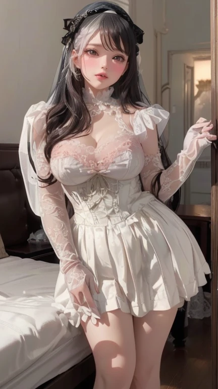 (reality), realistic photography, masterpiece, high quality, beautiful face, detailed face, white_horns, white transparent dress, dress, transparent, large_breasts, black_hair, white_stockings, white_gloves, white_collar, albedo_\(overlord), yellow_iris, evil_smile, muscular, Hourglass figure, 40 years old, white thighs, side view, hand_on_ass, detailed fingers, (standing))