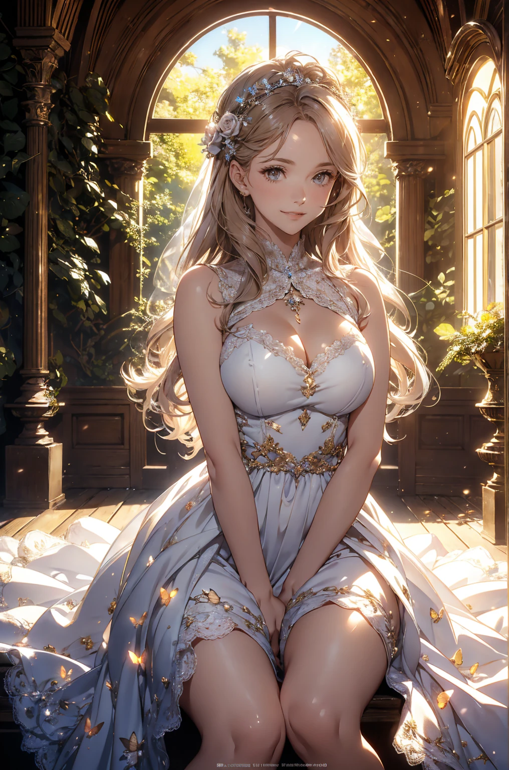 50 year old mature woman, Looking at the audience, Attractive breasts,Sensual curves、bubble、Full Body Shot,Nightgown, Charming smile, Thick lips, plump唇, blush, Looking at the audience, Provocative expression, Beautiful Hairstyles, Cleavage, plump、Curvy Hips、Attractive face、Mischievous face、Sexy Lingerie、An inviting gaze、Expressing emotions、colored feather, Money属装飾品, particle, Light, (masterpiece, highest quality, highest quality, Official Art, beautifully、aesthetic:1.2), (1 girl:1.3), Very detailed,(Fractal Art:1.1),(colorful:1.1)(flowerズ:1.3),Most detailed, (Dynamic pose), (Shiny skin), (Many colors :1.4), ,(Earrings:1.4), (feather:1.4),masterpiece, 30~40 years, Mr.々Hair style,Moneyのヘッドバンド,Tulle covers the chest,Perfect balance, Detailed details of the garment,marble,cinematicLighting, Film Grain, contrast of Light and dark,High detail,(((Gorgeous Accessories))))、Openwork decoration,(((See-through dress)))、(((Anatomically correct body))) ,1 girl, (High resolution), (8k), (Very detailed), Perfect Face, Beautiful eyes and face, (((highest quality))), (Very detailed), Detailed face and eyes, Beautiful Eyes,(((Sexy pose,Beautiful Eyes、Transparent double eyelids、(((Super gorgeous background)))、Bright Eyes,Money,diamond,gem,Body Chain,Luxury Accessories,beautifully、aesthetic,flower、(((Super gorgeous background)))、Bright Eyes