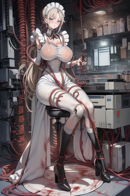 (((Masterpiece))), ((Best Quality)), (Super Detail), (CG Illustration), (Very Evil and Beautiful)), Cinematic Light, ((1 Mechanical Girl)), Single, (Mechanical Art: 1.4), ((Mechanical limb)), (Blood vessel attached to a tube), ((Mechanical spine attached to the back)), ((Mechanical cervical vertebrae attached to the neck), expressionless, ( Wires and cables attached to the head and body: 1.5), Science Fiction, Apocalypse, Ruins, (Lower Body Integrated with Mechanical Devices), (Blood: 1.5), Cruelty, Absurdity, Eroticism, Fusion with Machines, Doomsday Time, Super Future, Inorganic, Laboratory, Restraint, (Beautiful Indulgence: 1.2), (1 Girl: 1.3), Body Wrapped Around Mechanical Tentacles, ((big boobies)), long straight white hair, big tits on focus, ((balck latex brassiere)), (((((wearing a VR Headsets))))), (((more blood))), (((photographed from above)))