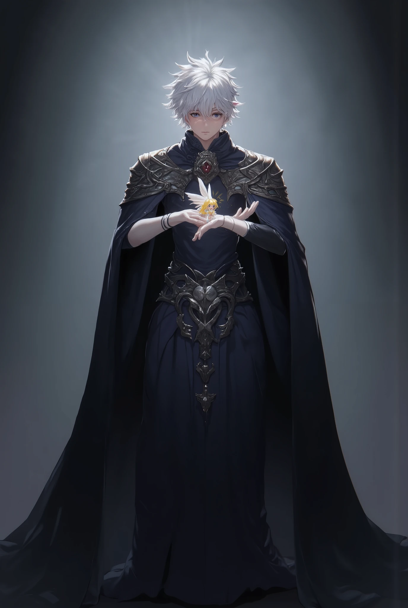 ((melhor qualidade)), ((obra de arte)), (detalhado), a young half-elf sexy man with a suspicious gaze, small bright flying fairy in his hands, white spiky hair, dark armor, long billowing black cape, intricate detailed character,hyper realistic,award winning digital art,cinematic lighting,dramatic composition,chiaroscuro,muted color palette,dramatic shadows,ethereal atmosphere,(best quality,4k,8k,highres,masterpiece:1.2),ultra-detailed,(realistic,photorealistic,photo-realistic:1.37)