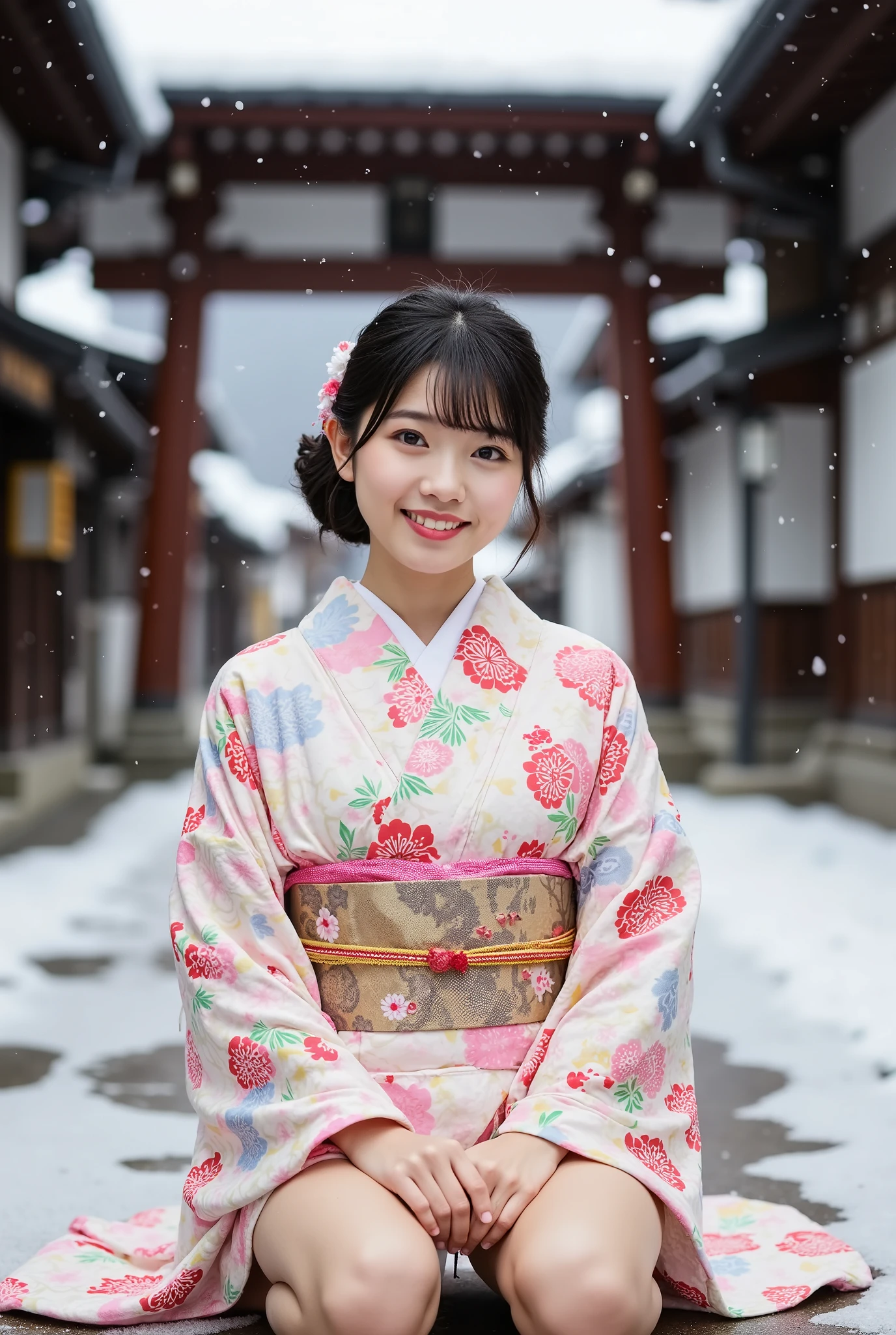 A ite young Japanese woman in her 20s wearing a modern kimono and smiling happily is sitting in front of the torii gate of a snowy shrine, (((Her arms are clasped behind her back and her legs are spread wide on both sides in an M-shape, showing off her floral print panties))), with large eyes with double eyelids, thick lips, black hair, dark pupils, a Japanese hairstyle, and looking at the viewer,