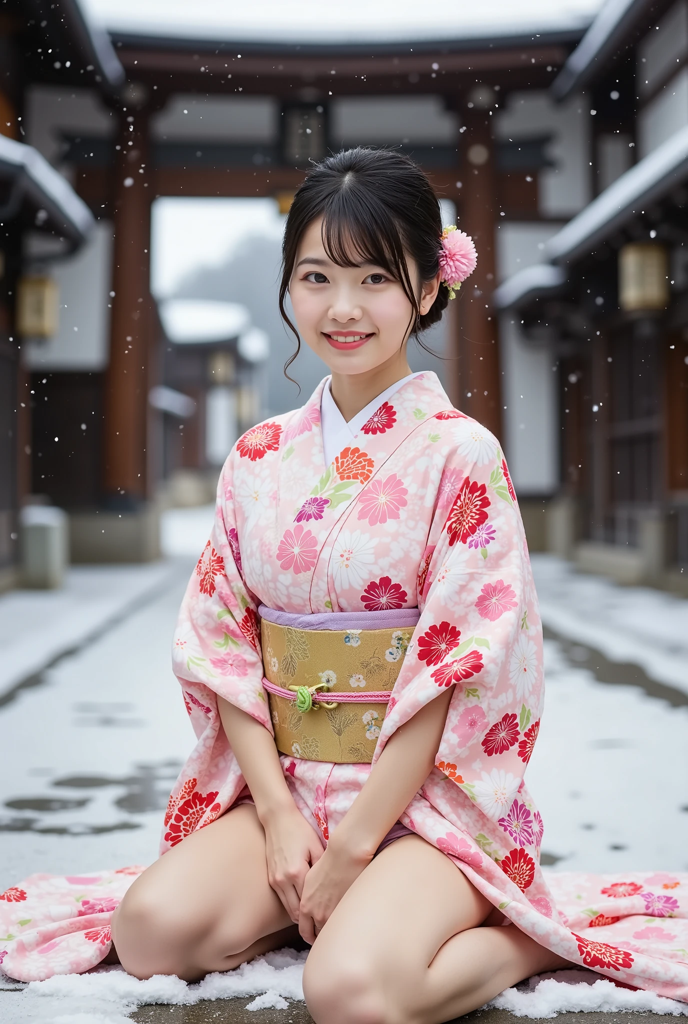 A ite young Japanese woman in her 20s wearing a modern kimono and smiling happily is sitting in front of the torii gate of a snowy shrine, (((Her arms are clasped behind her back and her legs are spread wide on both sides in an M-shape, showing off her floral print panties))), with large eyes with double eyelids, thick lips, black hair, dark pupils, a Japanese hairstyle, and looking at the viewer,