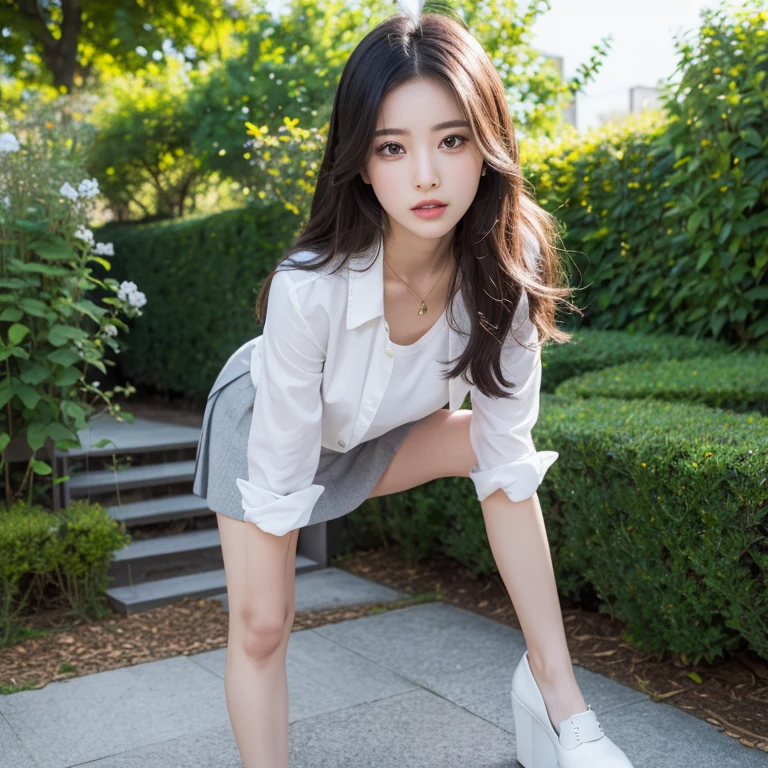 (masterpiece, best quality:1.2), 1girl, solo, Sit with your legs hugged、slender、Cellar clothing、high school girl、Short skirt、White panties