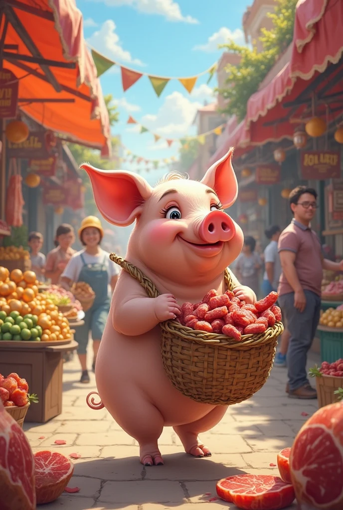 Farm life，Anthropomorphic pigs，ancient Chinese costume，Pigs working in the fields，tools