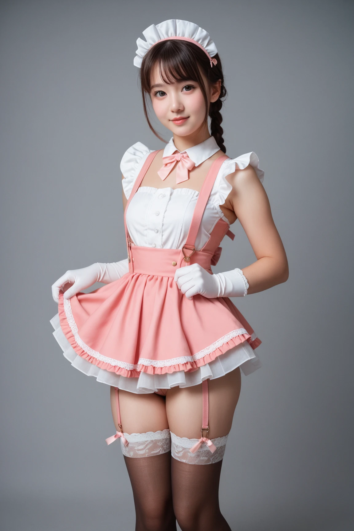 (Highest quality:1.5)、(masterpiece)、(8k:1.5)、Very detailed、Realistic、(One beautiful girl)、(Young face:1.2)、(Looking at me with a smile:1.5)、whole body、(Black Hair)、Small face、(Slender:1.2)、(Big Breasts:1.2)、(Pink shirt with buttons and a ruffled collar:1.2)、(Pink short skirt with frills:1.2)、(Black thigh-high socks)、(Black garter belt)、(See-through:1.0)、(Lifting her skirt to show her vagina:1.0)