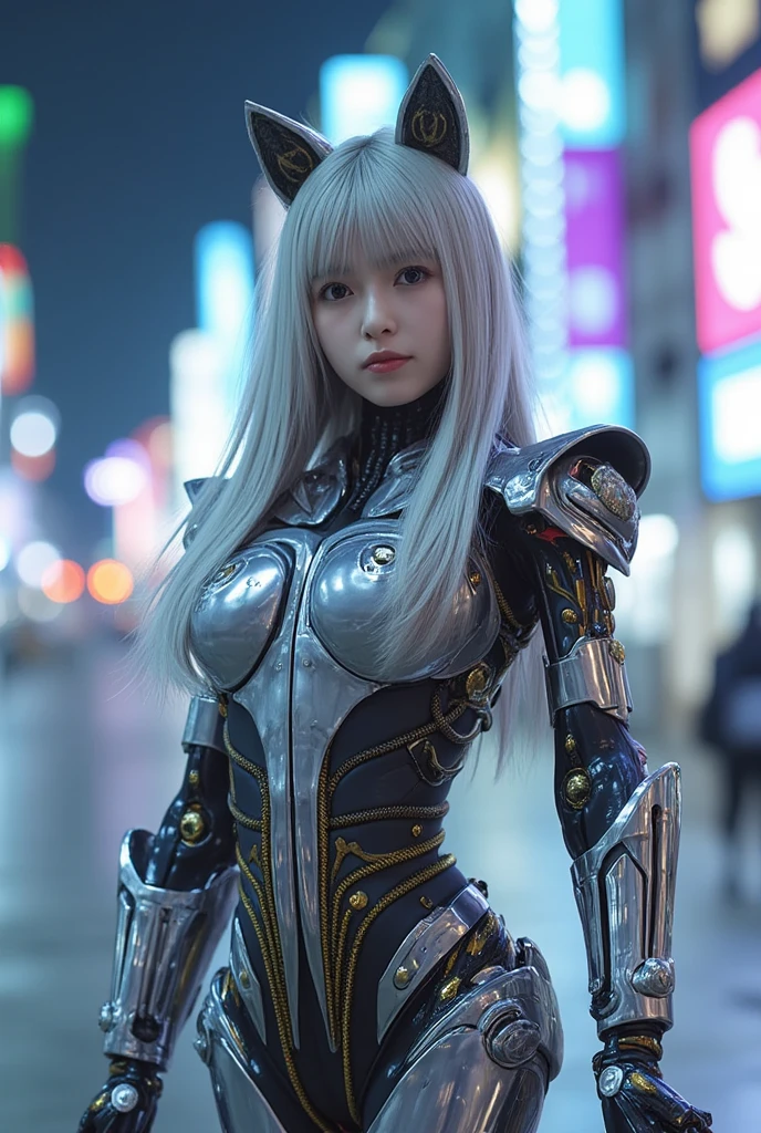 Gray hair, long fluttering hair, strong wind, orange eyes, shining eyes, evangelion girl, big, face and breasts raw, cleavage visible. Photoreal, Portfolio, Evangelion Inspired Metal Mech Suit, Cyberpunk, Metallic, Detailed Mech Parts, Bundle of Thin Tubes, Metal Cylinder, Detailed Neon, Fine LED, Detailed Parts