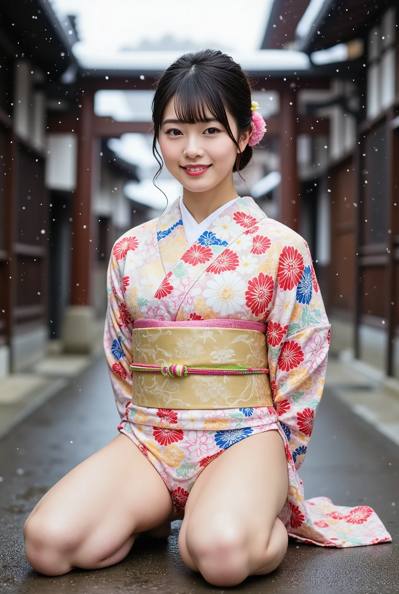 A ite young Japanese woman in her 20s wearing a modern kimono and smiling happily is sitting in front of the torii gate of a snowy shrine, (((Her arms are folded behind her back and her legs are spread wide on both sides in an M-shape, showing off her floral print panties, her camel toes are visible))), with large eyes with double eyelids, thick lips, black hair, dark pupils, a Japanese hairstyle, and looking at the viewer,