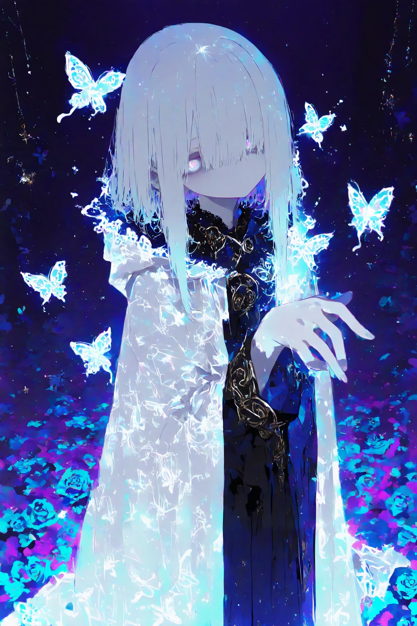 illustration, best quality, dramatic lighting,r17329_illu, 0__11Xx_illu,masterpiece, best quality, ultra-detailed, a photorealistic depiction of a beautiful young woman with long, flowing silver hair, dressed in an ornate hooded cloak adorned with intricate butterfly designs. She stands in a mystical night scene, surrounded by shimmering lights and an ethereal cityscape in the background, with tall spires reaching into the starlit sky. The woman’s soft lavender eyes are filled with a calm yet distant expression, as if she’s lost in thought, while she holds her hand out gently, releasing a glowing, ethereal butterfly. Her gown is detailed with delicate blue roses and a large bow at the center, with finely textured fabric that glows faintly in the moonlight. The stars and galaxies above swirl in vibrant blues and purples, casting a magical glow over the entire scene. The attention to detail is remarkable, with every strand of her hair, every fold in her clothing, and every glowing star in the background rendered with stunning realism, creating a serene and enchanting atmosphere.